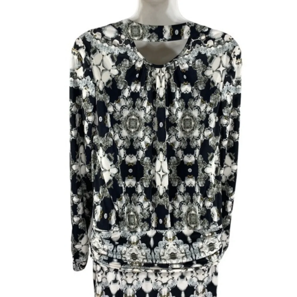 Cache black silver diamond kaleidoscope print surplice dress H19